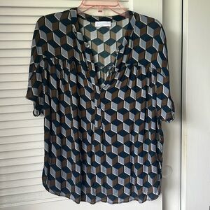 Geometric print notched collar split v neck crystal buttons bought in Italy